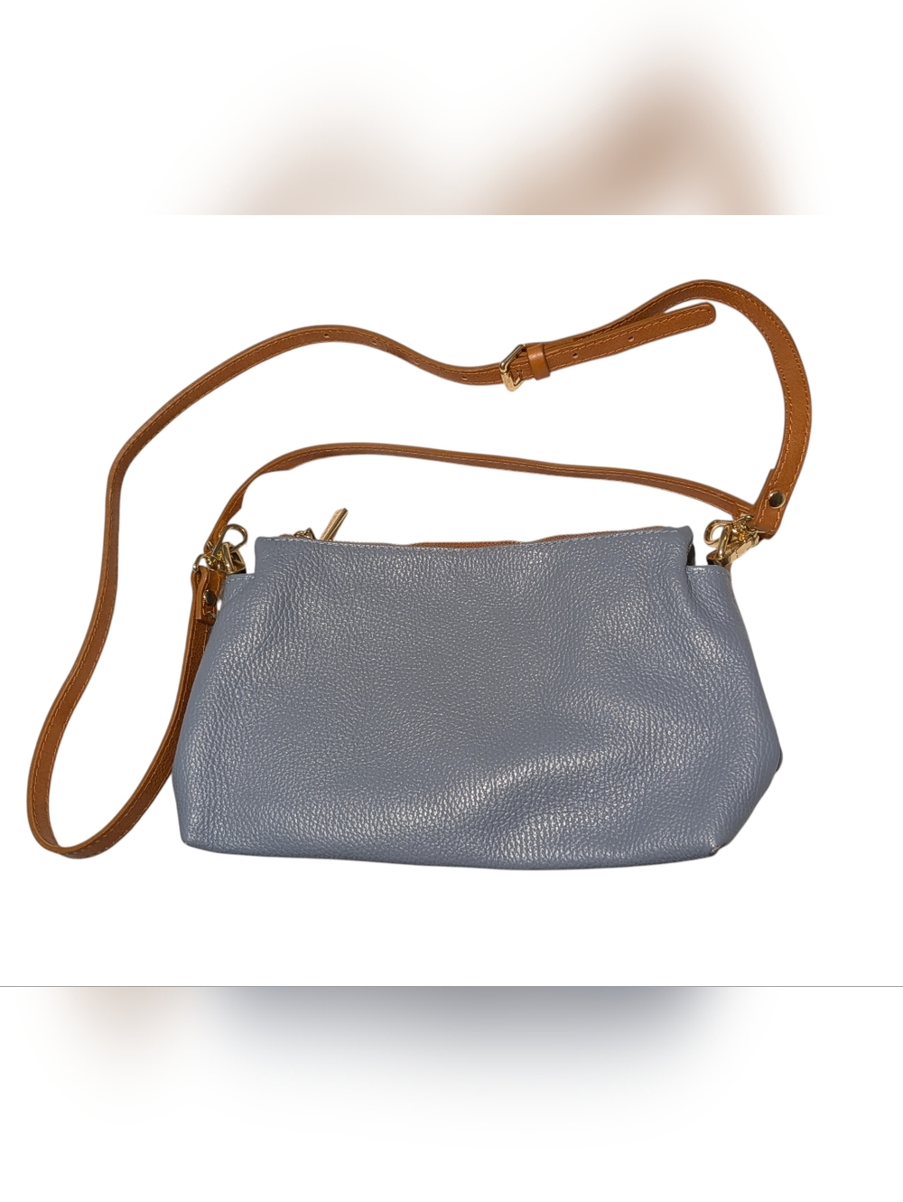 Valentina Blue Pebbled Leather Crossbody with Tan Strap